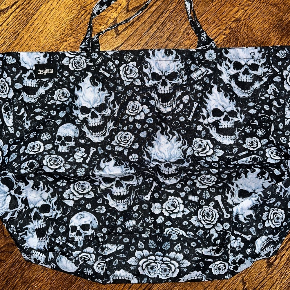 Asylum Black White Skull Print Tote Bag - Brand New